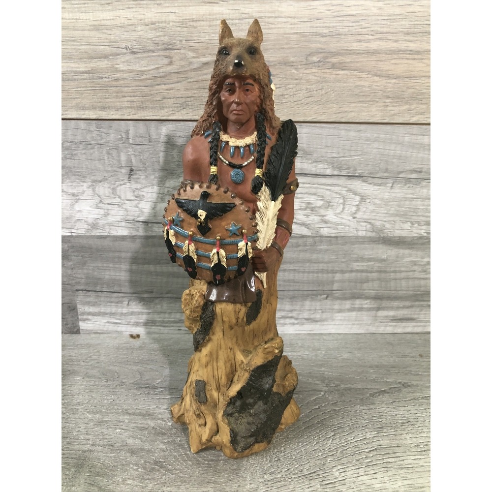 Unbranded Native American Warrior Figurine Wolf Headdress Brown Excellent Resin
